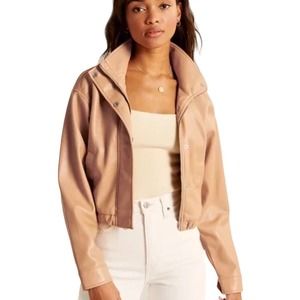 Abercrombie Cropped Bomber Jacket Camel Color Size M Vegan Leather Moto Jacket